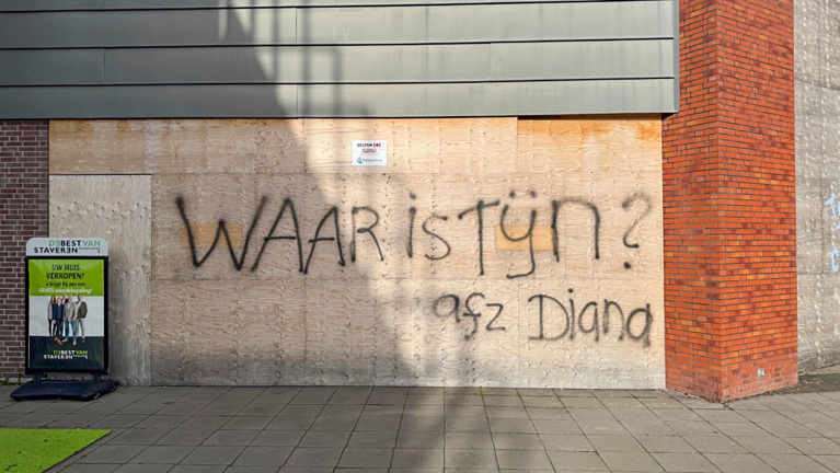 Een muur van multiplexplaten waarop met zwarte verf de tekst 'WAAR IS TÜN?' is gespoten, naast een bord van een makelaarskantoor.