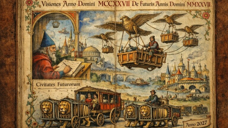 Middeleeuwse prent van een futuristische stad met vliegende koetsen getrokken door vogels en wagens getrokken door leeuwen.