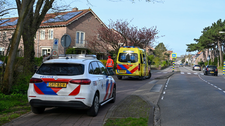 Politie- en ambulancevoertuigen staan geparkeerd naast een woonstraat, met een hulpverlener die in gesprek is.