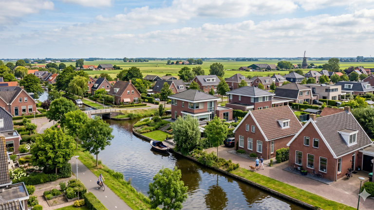 Luchtfoto van een Nederlands dorp met bakstenen huizen, lanen, een kanaal met een bootje en een molen in de verte.