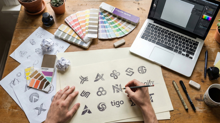 Een persoon ontwerpt logo's op papier, omringd door kleurengidsen, schetsen, een laptop en pennen op een houten tafel.