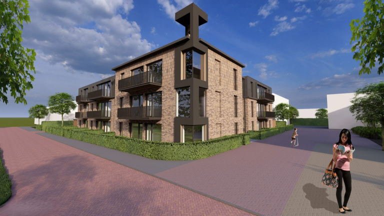 Modern appartementencomplex met bakstenen gevels, omgeven door groene heggen; een vrouw leest een boek en een kind speelt op een step op de voorgrond.