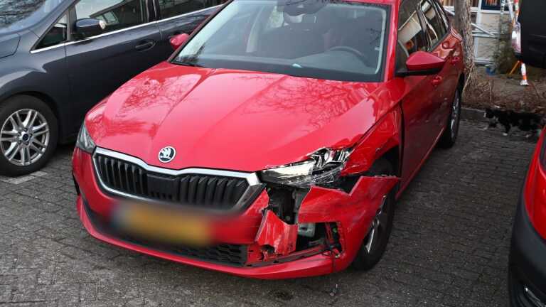 Politieagenten naast een politieauto in een woonwijk, deels verlicht door koplampen van andere auto's.